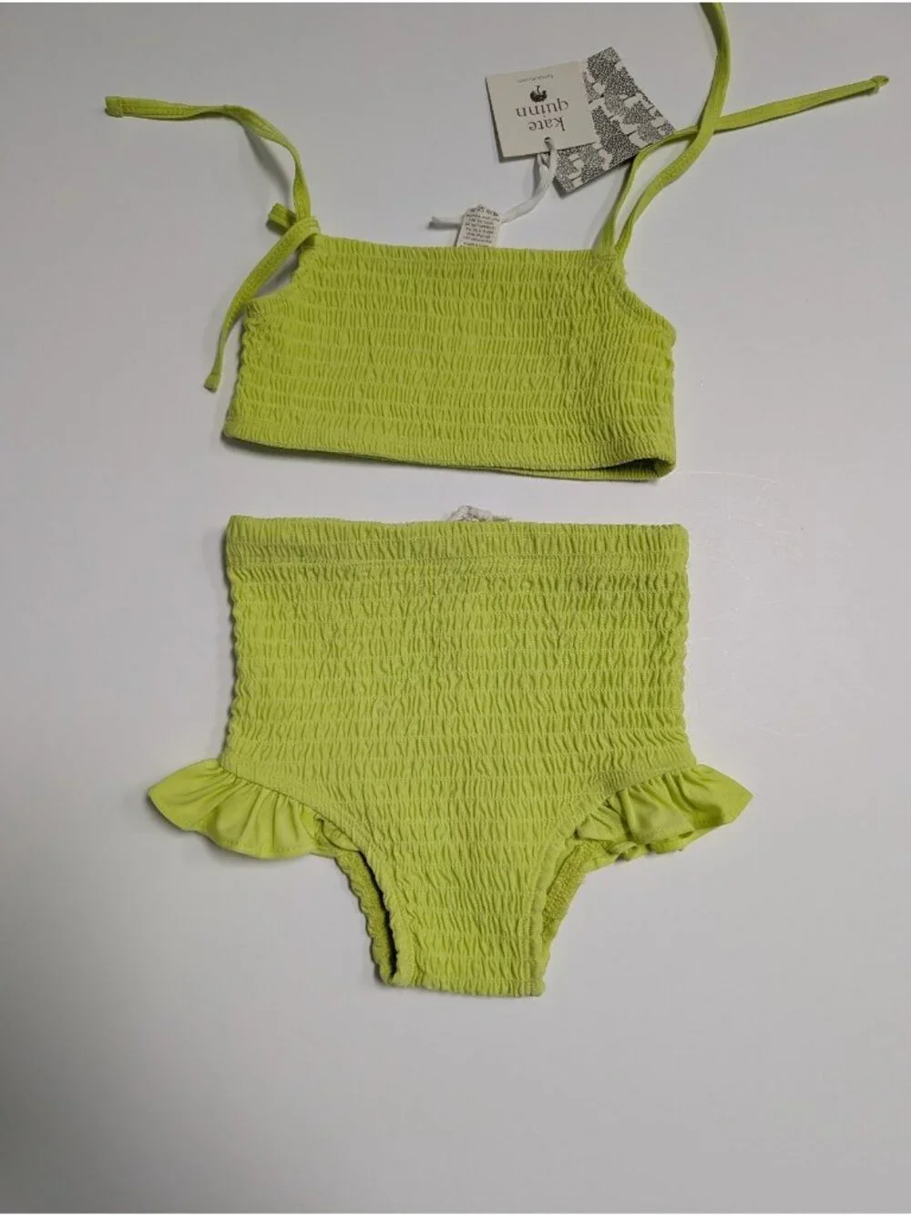 Kate Quinn Swimsuit 2T Bright Neon Yellow Ruffled Smocked Bikini Swim 2pc